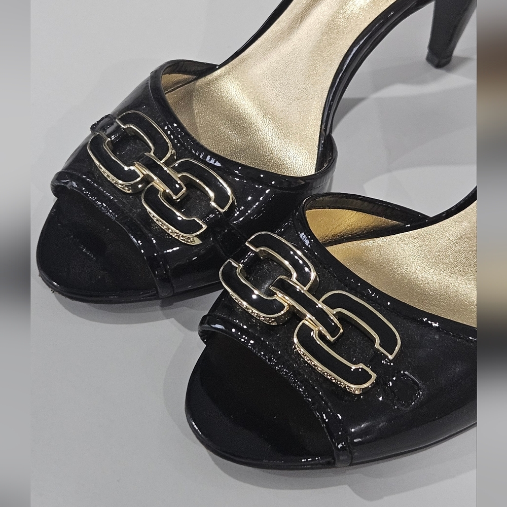 Authentic Coach Black and Gold Belinda Open Toe Heels Pumps US 7.5B - Picture 3 of 11